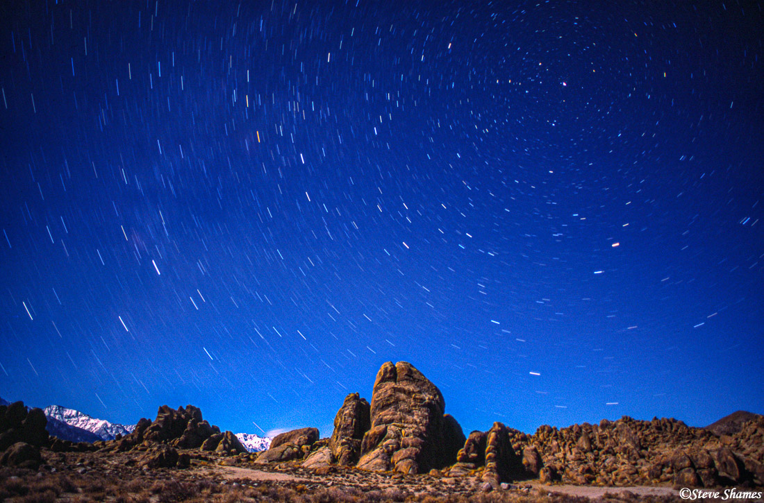 When the north star is in the frame, the stars take on a pinwheel effect. The Alabama Hills is the best spot around for star...