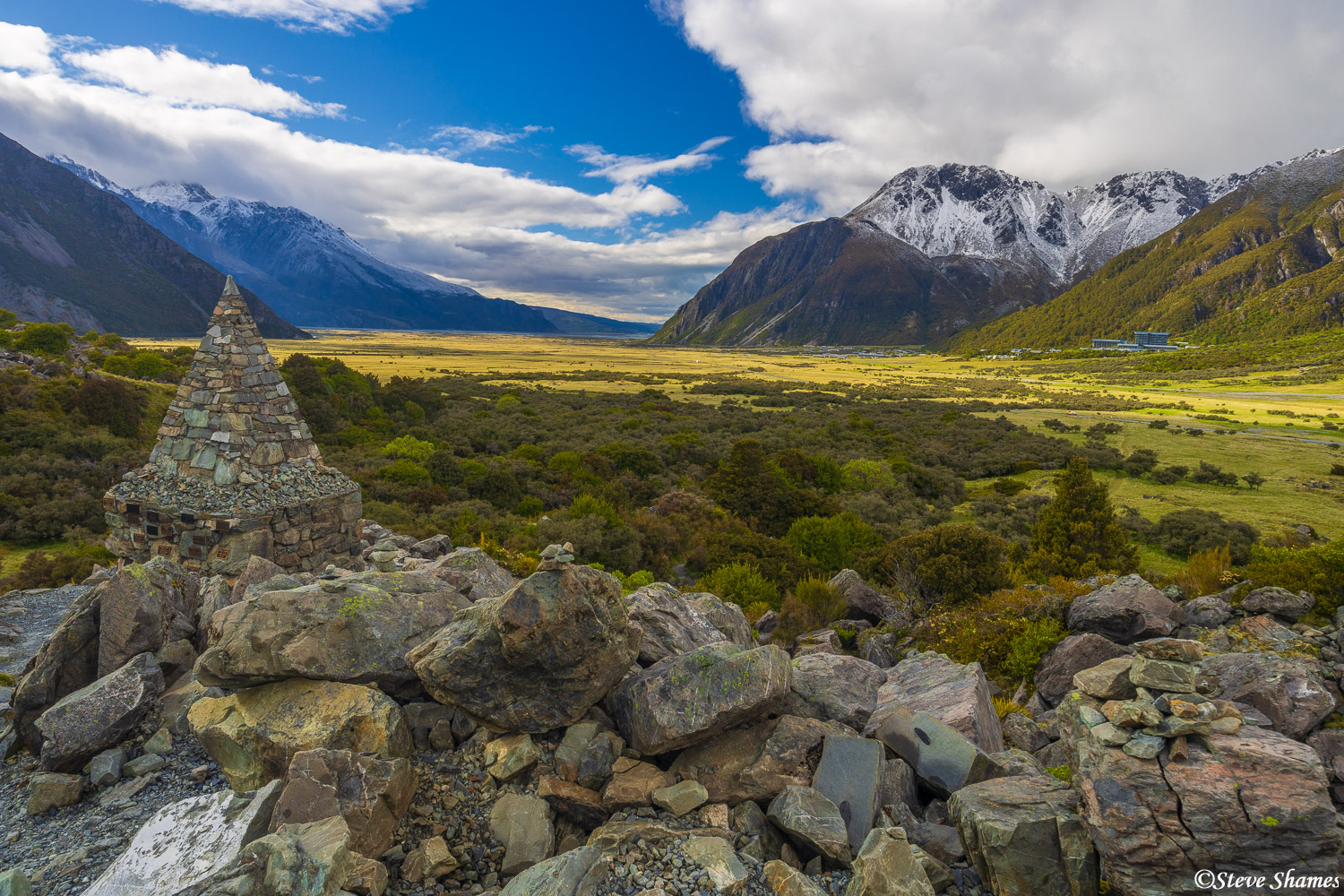 The view from the Alpine Memorial looking down at Mt Cook village. That memorial is for the people who have died climbing Mt...