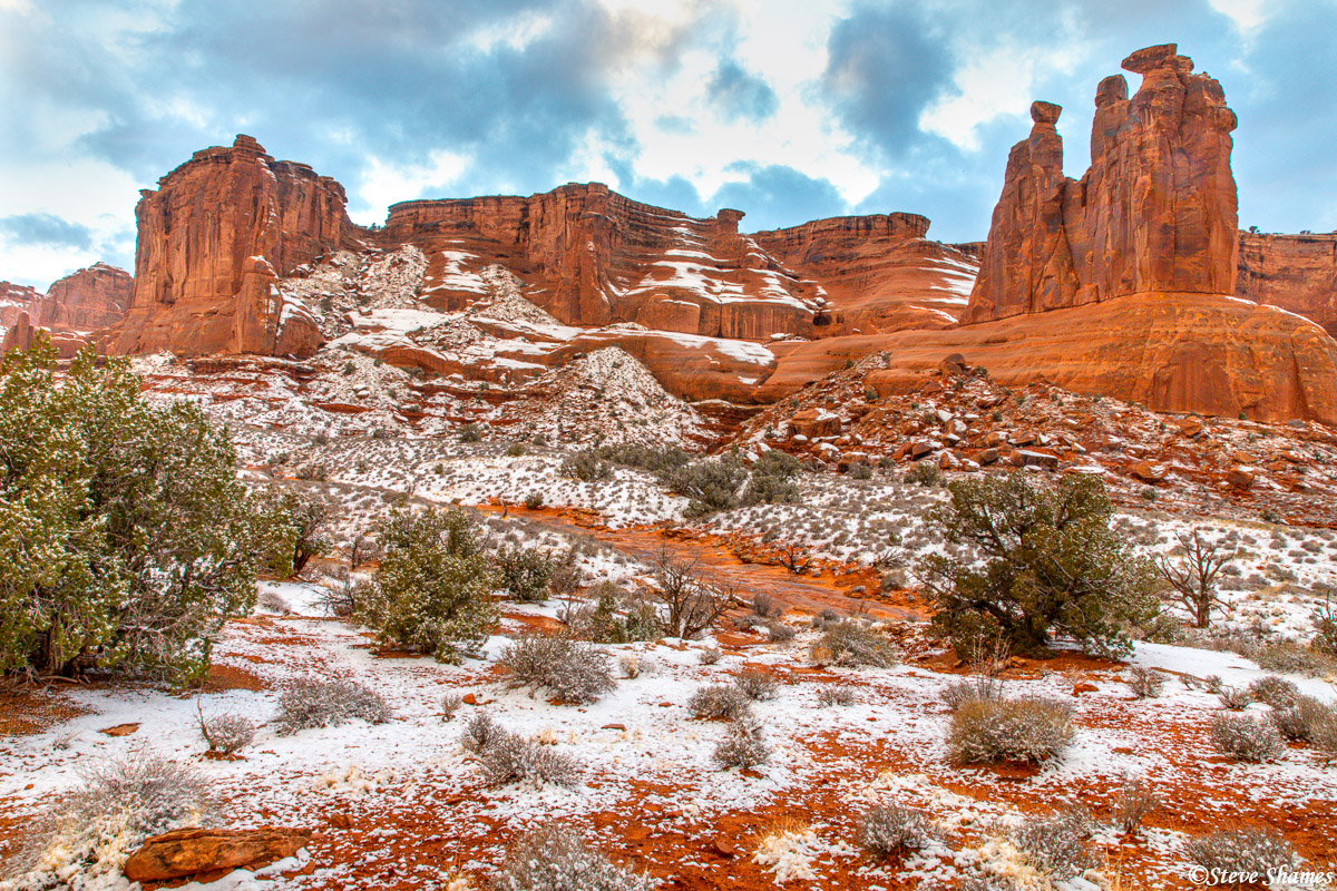 Arches in winter, with a thin coat of snow all over.