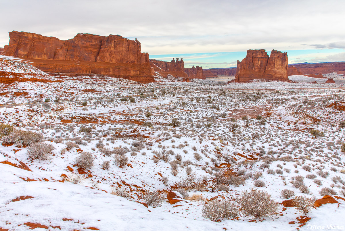 A snowy scene at Arches National Park.