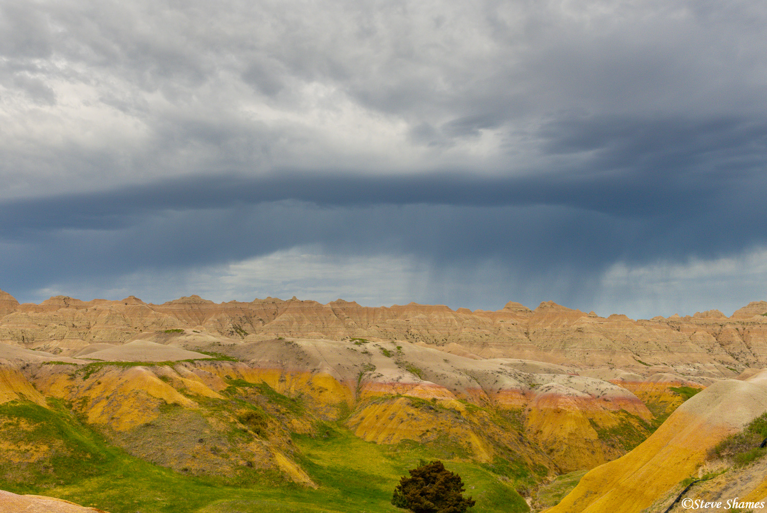 Late in the morning, dramatic storm clouds hovered over the Badlands.