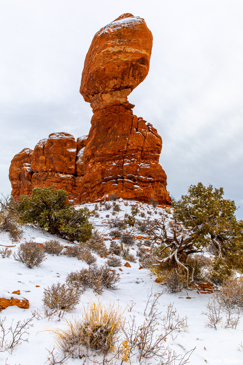 Another view of Balanced Rock on a snowy day.