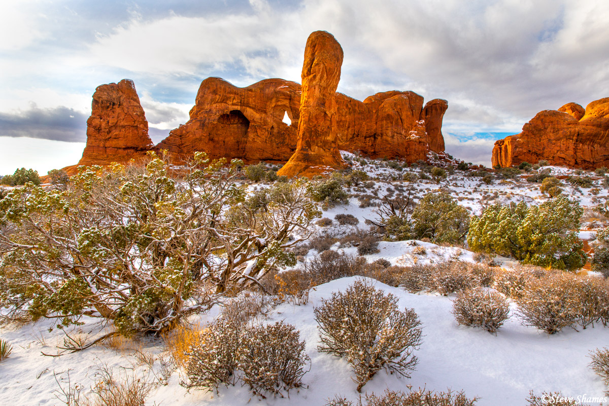 The fresh coating of snow makes for a beautiful scene at Arches National Park.