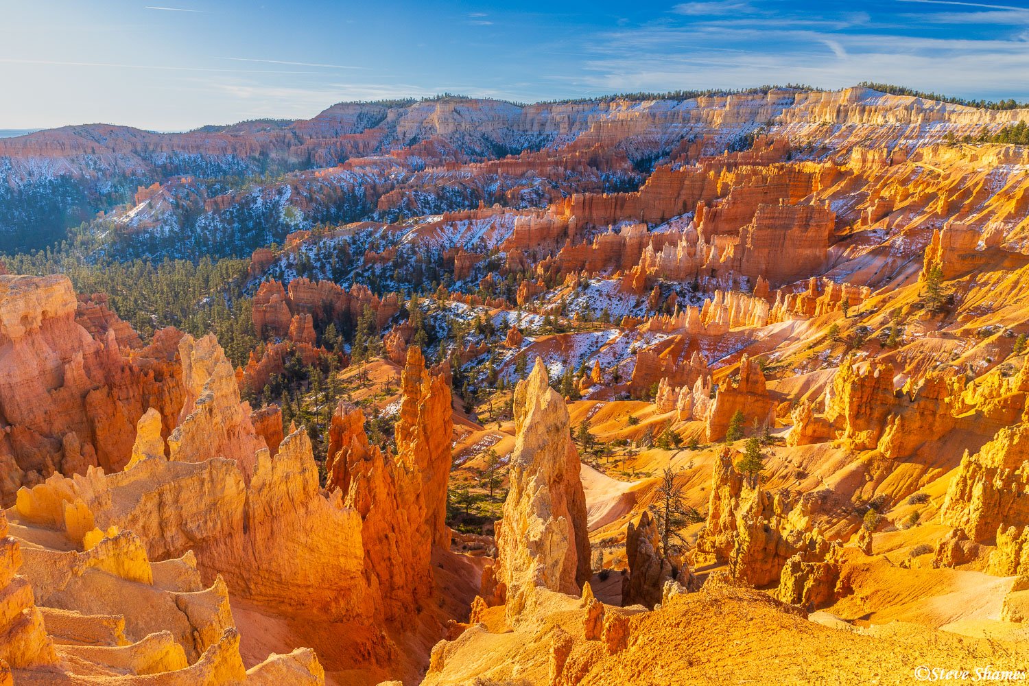 A little while after sunrise, sunlight fills the Bryce Canyon amphitheater.