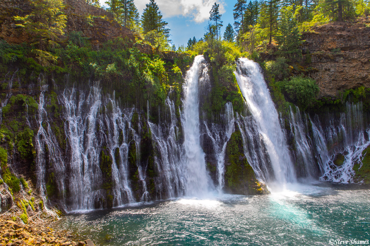 A little sun came from behind the clouds to give Burney Falls a different look.