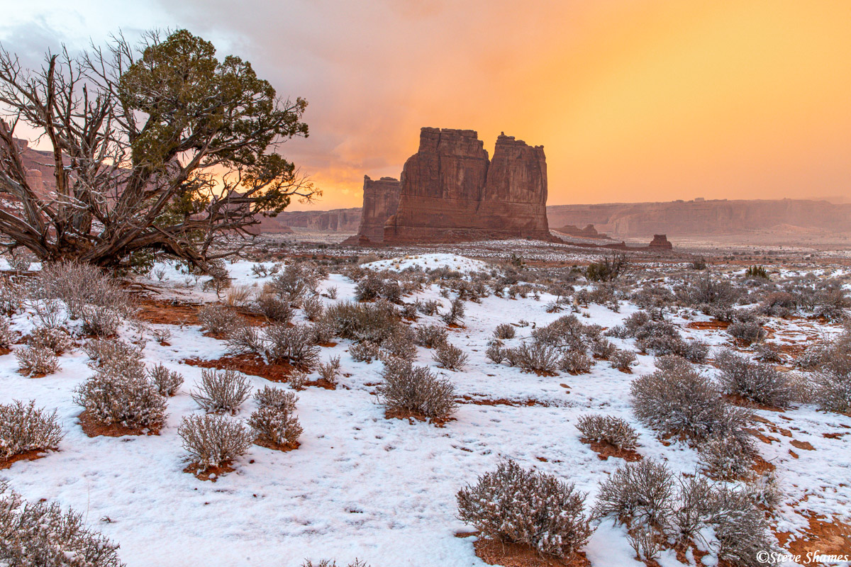 This formation is known as Courthouse Towers. Here is is in the last colorful light of the day.
