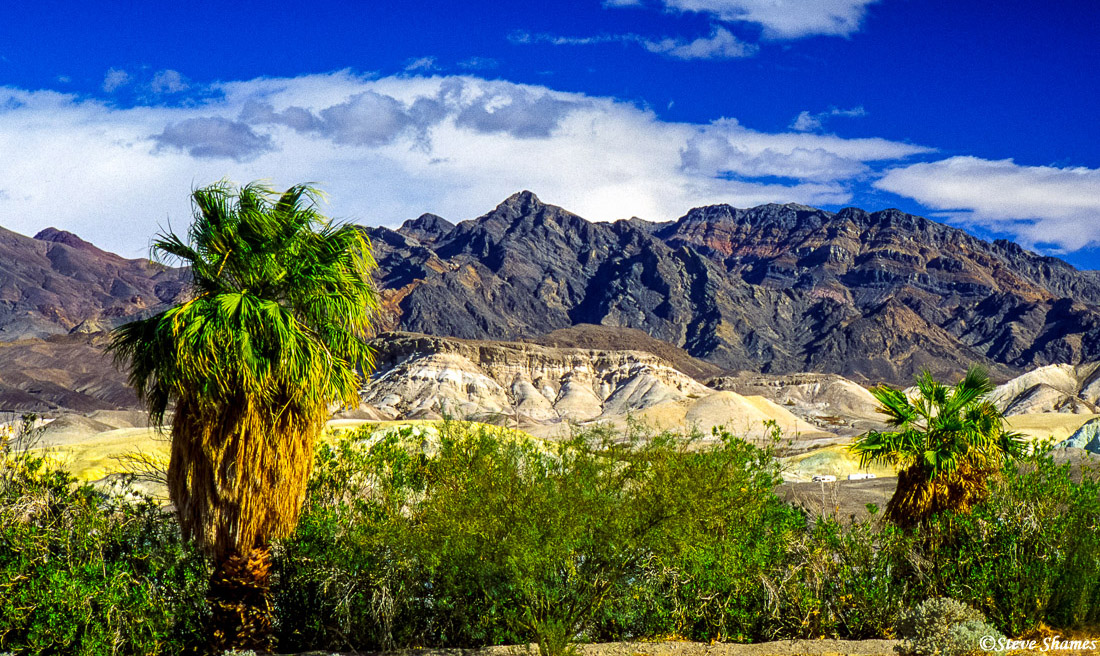 A pleasant scene with mountains and clouds and hills. This was by the small settlement of Furnace Creek.