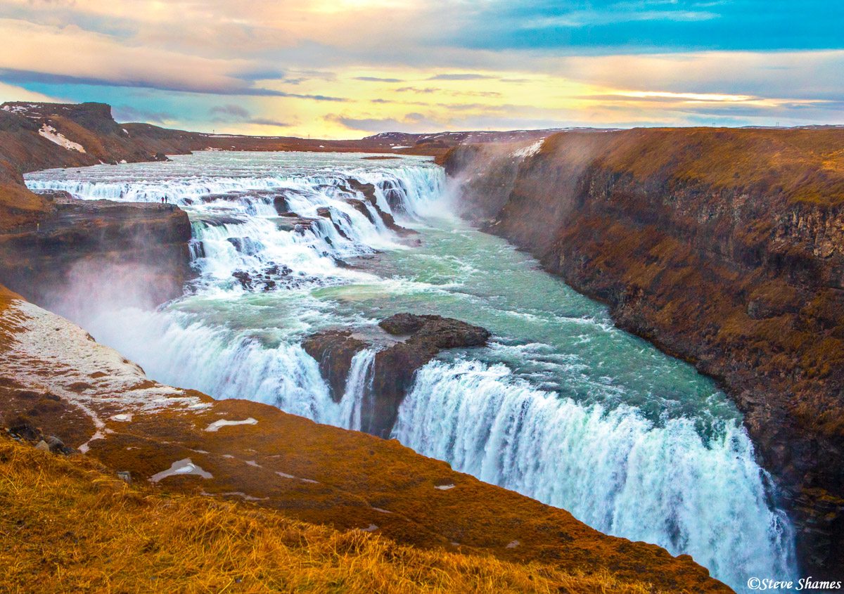 This is Gullfoss waterfall. A roaring, multi layered wedge shaped glorious waterfall.