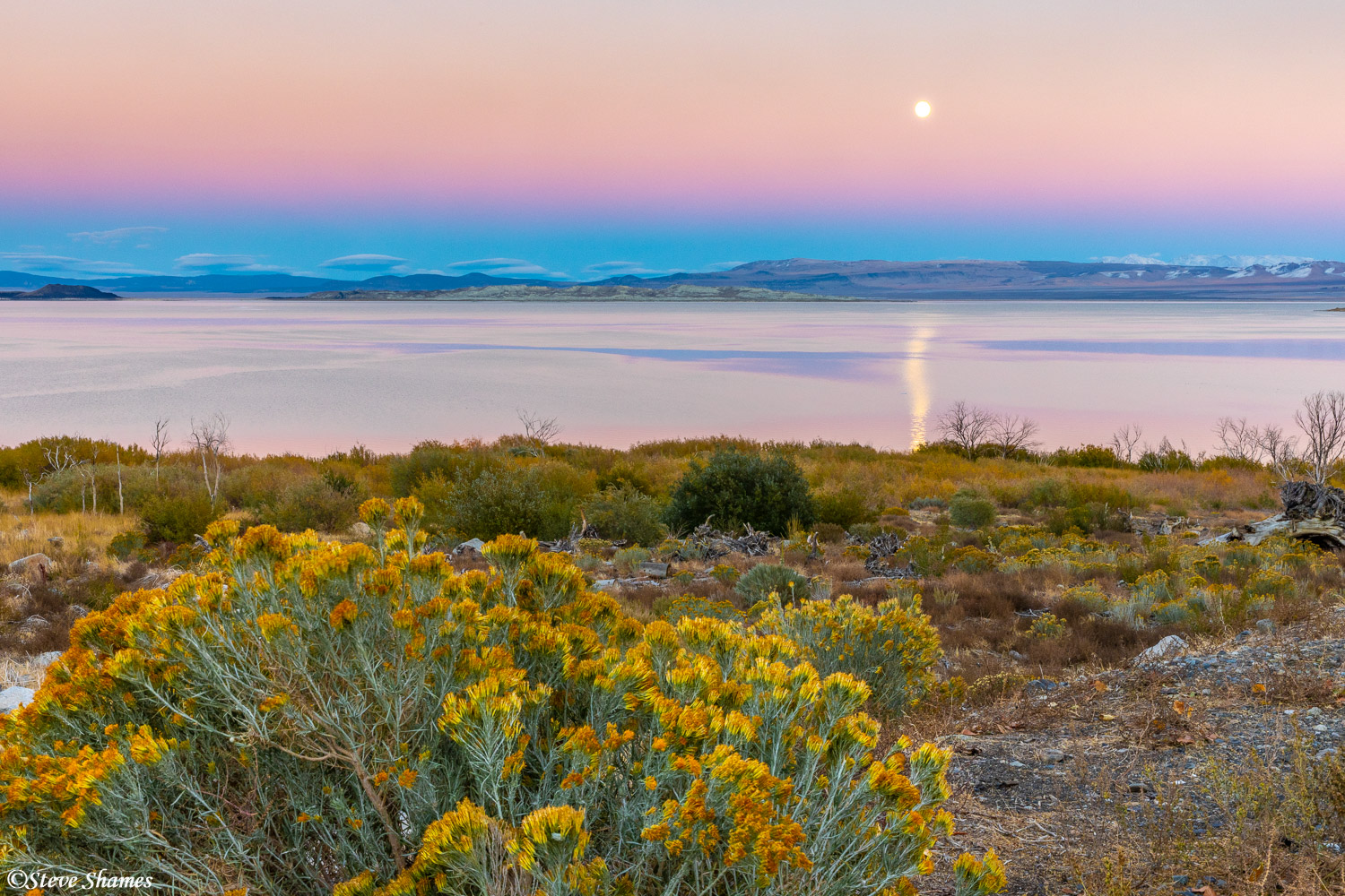 Moonrise over Mono Lake, which coincided with sunset. I like the moons reflection on the lake.