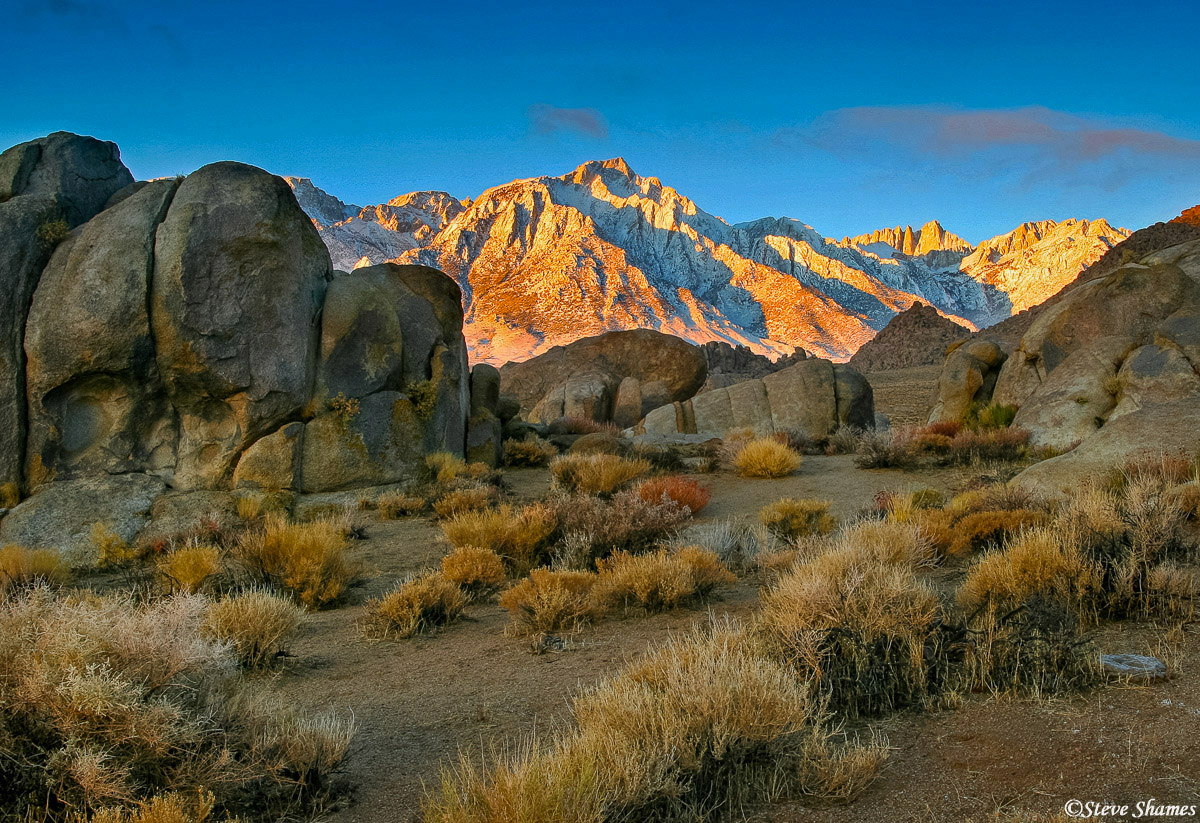 The mountains are so beautiful in the early morning light. Mt. Whitney is set back and&nbsp;to the right of Lone Pine Peak which...