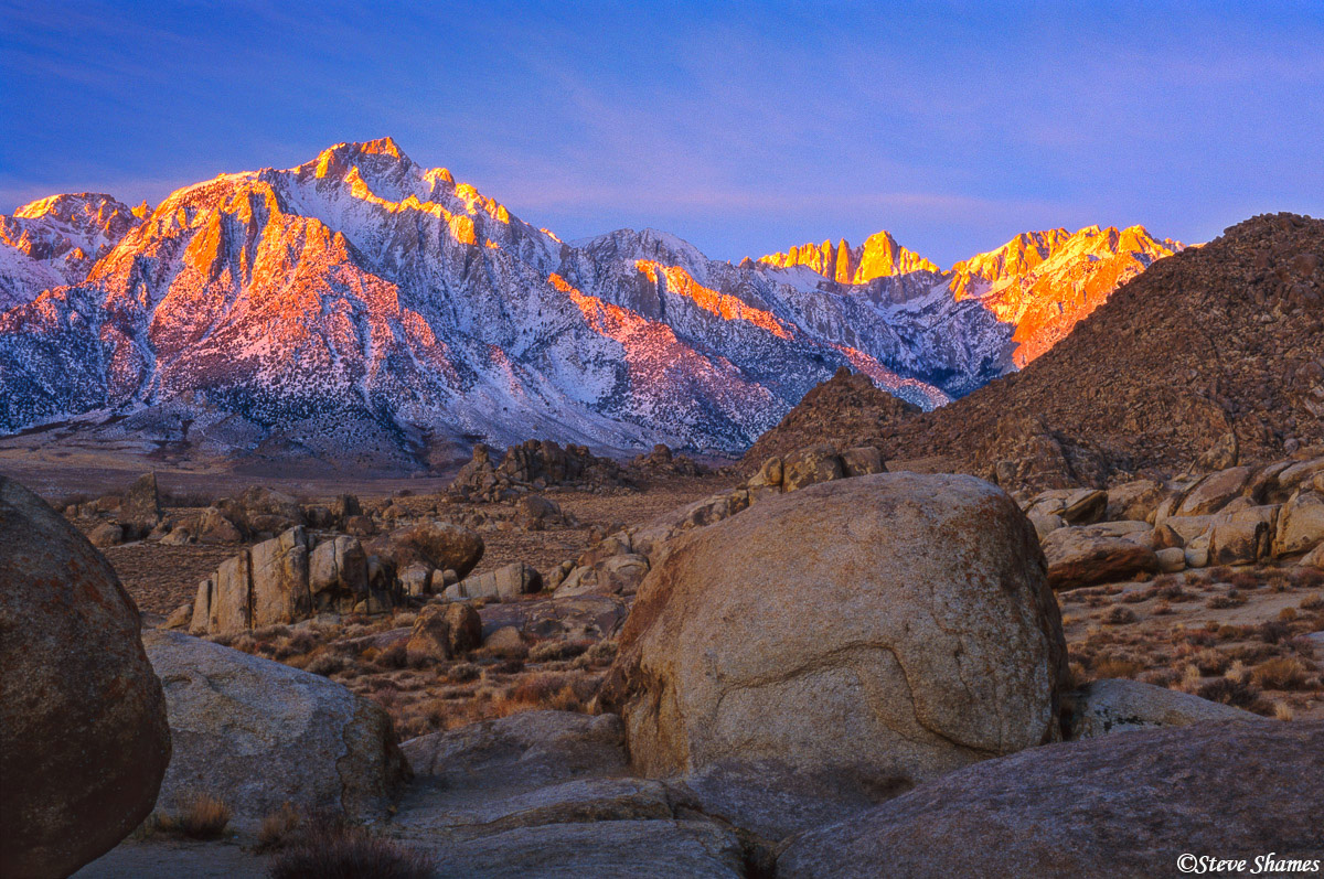 Sunrise is magical with the Alabama Hills as the foreground and the sierras in the near distance. The first light hits the mountains...