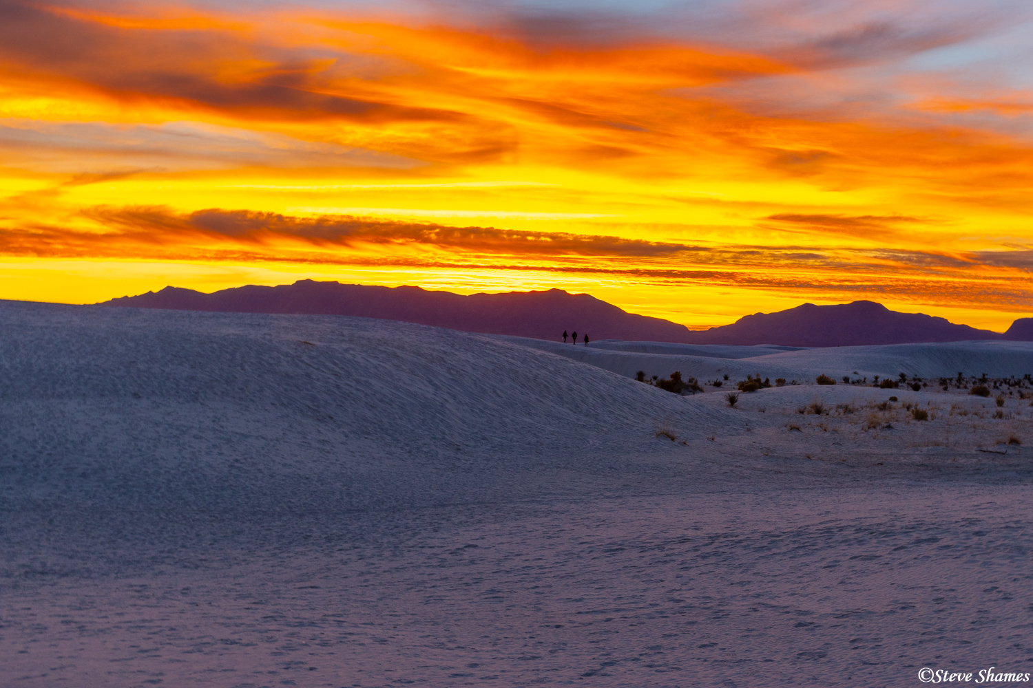 A few minutes after actual sunset at White Sands, the sky turned a very warm yellow-orange hue.