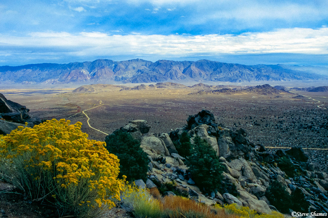 Here is a view of the Owens Valley from Whitney Portal Road. Those are the White Mountains in the distance with the Alabama Hills...