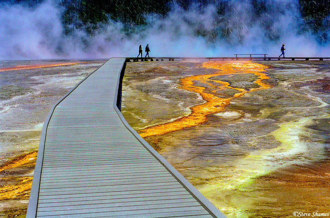 This boardwalk was built over the steaming waters that give "Yellow-stone" its name.